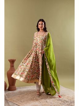 Hezal - Gazala White Green Anarkali Kurta with Pant and Dupatta (Set of 3)