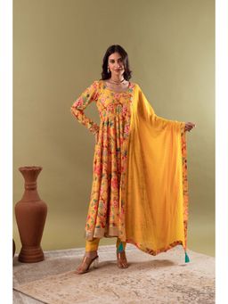 Hezal - Mustard Floral Anarkali Kurta with Pant and Dupatta (Set of 3)
