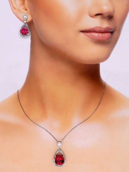 Kai Jewel - Sterling Stylish Drop Cut Red Necklace With Earrings Set