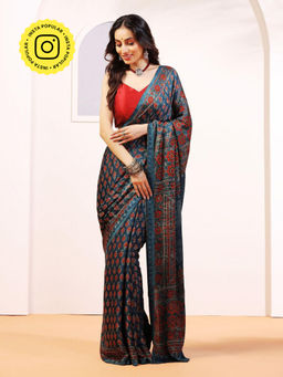 Aditri - Handprinted Ajrakh On Modal Silk Blue Saree With Running Blouse