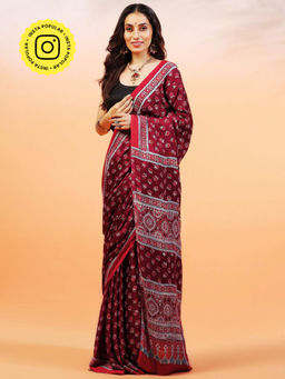 Aditri - Handprinted Ajrakh On Modal Silk Maroon Saree With Running Blouse
