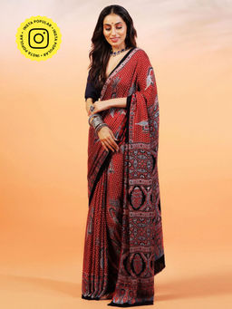 Aditri - Handprinted Ajrakh On Modal Silk Red Saree With Running Blouse