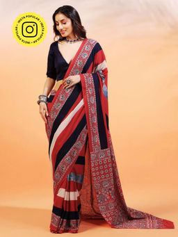 Aditri - Handprinted Ajrakh On Cotton Multi-Color Saree With Running Blouse