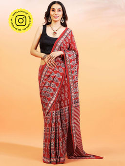 Aditri - Handprinted Ajrakh On Cotton Red Saree With Running Blouse