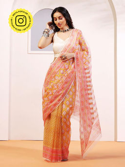 Aditri - Handloom Kota Doria Hand Block Print Multi-Color Saree With Blouse Piece