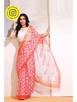 Aditri - Handloom Kota Doria Hand Block Print Orange Saree With Blouse Piece