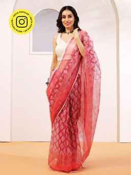 Aditri - Handloom Kota Doria Hand Block Print Red Saree With Blouse Piece