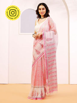 Aditri - Handloom Kota Doria Hand Block Print Peach Saree With Blouse Piece