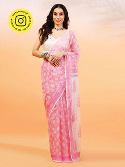 Aditri - Handloom Kota Doria Hand Block Print Pink Saree With Blouse Piece