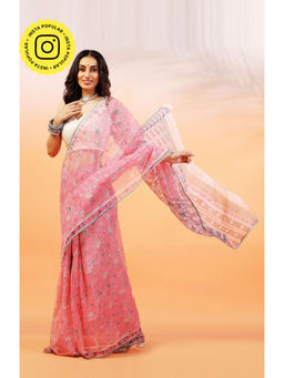 Aditri - Handloom Kota Doria Hand Block Print Pink Saree With Blouse Piece