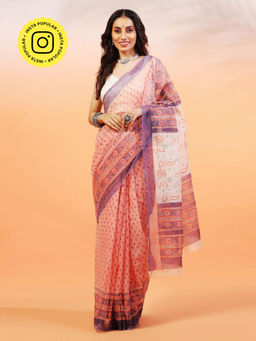 Aditri - Handloom Kota Doria Hand Block Print Orange Saree With Blouse Piece