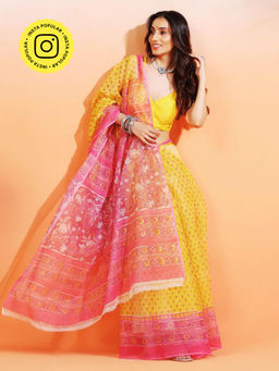 Aditri - Handloom Kota Doria Hand Block Print Yellow Saree With Blouse Piece