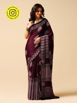 Aditri - Burgundy Handprinted Ajrakh On Modal Silk Saree with Running Blouse