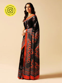 Aditri - Black Handprinted Ajrakh On Modal Silk Saree with Running Blouse