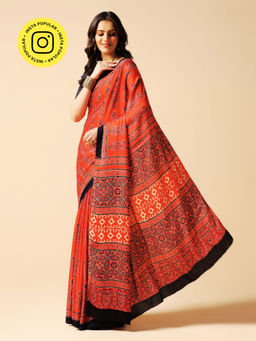Aditri - Red Handprinted Ajrakh On Modal Silk Saree with Running Blouse