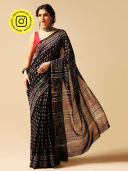 Aditri - Black Handprinted Ajrakh On Chanderi Silk Saree with Running Blouse