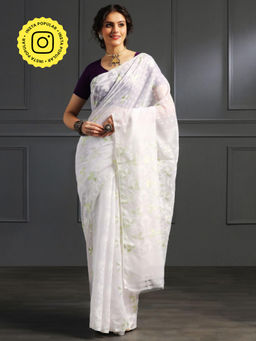 Aditri - White Handloom Jamdani On Resham Silk Saree with Running Blouse