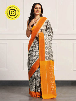 Aditri - Orange Handloom Ikat On Gas Saree with Unstitched Blouse