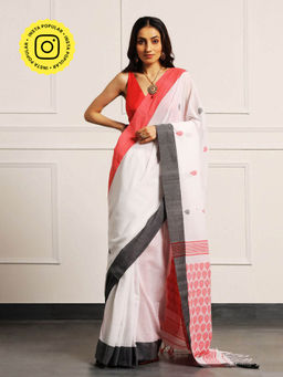 Aditri - White Handloom Khadi Cotton Saree with Unstitched Blouse