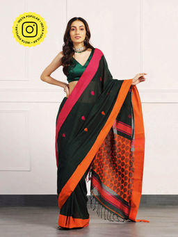 Aditri - Black Handloom Khadi Cotton Saree with Unstitched Blouse