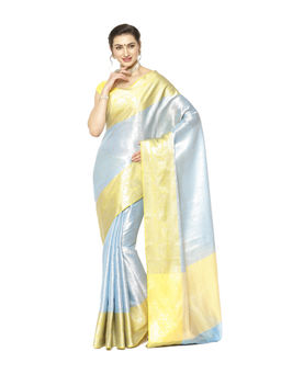 Banarasi Silk Works - Blue Zari Kanchi Silk Tanchoi Meena Saree with Unstitched Blouse
