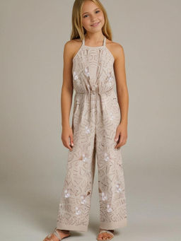 CHERRY CRUMBLE BY NITT HYMAN - Girls Beige Sleeveless Party Wear Sequins Jumpsuit