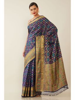 Soch - Women Navy Blue Woven Saree with Stitched Blouse