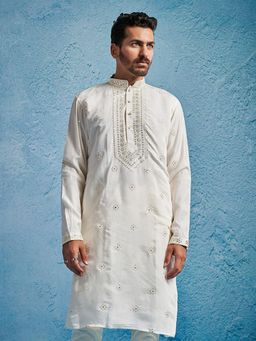 Vastramay - Men Cream Silk Blend Embroidered Long Kurta