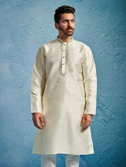 Vastramay - Men Cream Dupion Silk Thread Embroidered Long Kurta