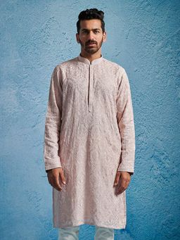 Vastramay - Men Pink Georgette Thread Embroidered Long Kurta