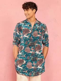 Vastramay - Men Turquoise Green Digital Foil Print Crepe Kurta