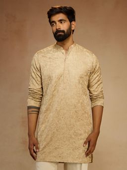 Vastramay - Men Chiku Silk Floral Embroidered Kurta