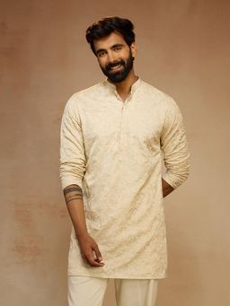 Vastramay - Men Cream Silk Floral Embroidered Kurta
