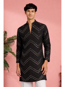 Vastramay - Men Black Georgette Mirror Work Thigh-Length Kurta