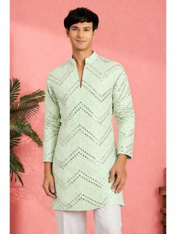 Vastramay - Men Pista Green Georgette Mirror Work Thigh-Length Kurta