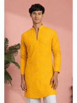 Vastramay - Men Yellow Georgette Mirror Work Thigh-Length Kurta