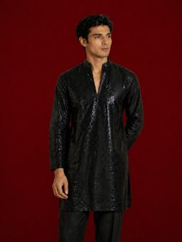 Vastramay - Men Black Georgette Sequin Embellished Mid-Length Kurta