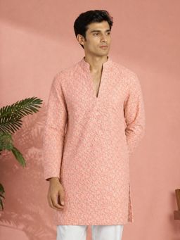 Vastramay - Men Peach Georgette Floral Thread Embroidered Kurta