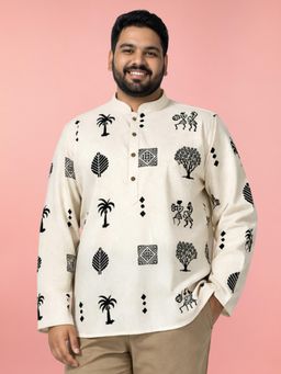 Vastramay - Men Cream Cotton Block Print Short Kurta