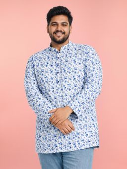 Vastramay - Men Blue White Cotton Floral Print Short Kurta