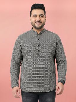 Vastramay - Men Black Cambric Cotton Print Short Kurta