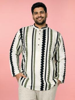 Vastramay - Men White Cotton Jacquard Geometric Short Kurta