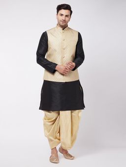 Vastramay - Mens Black & Gold Silk Blend Jacket, Kurta with Dhoti (Set of 3)