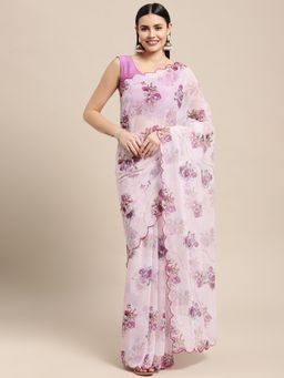 Vastranand - Lavender Floral Printed Georgette Party Wear Saree with Unstitched Blouse
