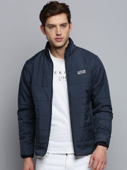 SHOWOFF - Men's Solid Double Collar Navy Blue Quilted Jacket