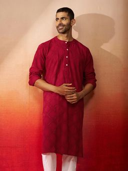 Vastramay - Red Cotton Band Collar Kurta