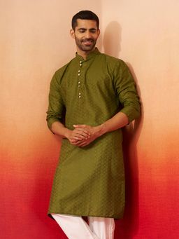 Vastramay - Mehendi Green Geometric Jacquard Kurta
