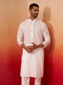 Vastramay - White Wave Pattern Jacquard Kurta