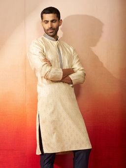 Vastramay - Cream Royal Blue Jacquard Kurta