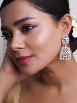Adwitiya - White Rhodium Plated Ad Stone Studded Jhumkas